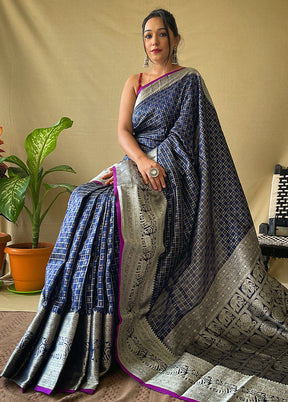 Navy Blue Dupion Silk Zari Work Saree With Blouse