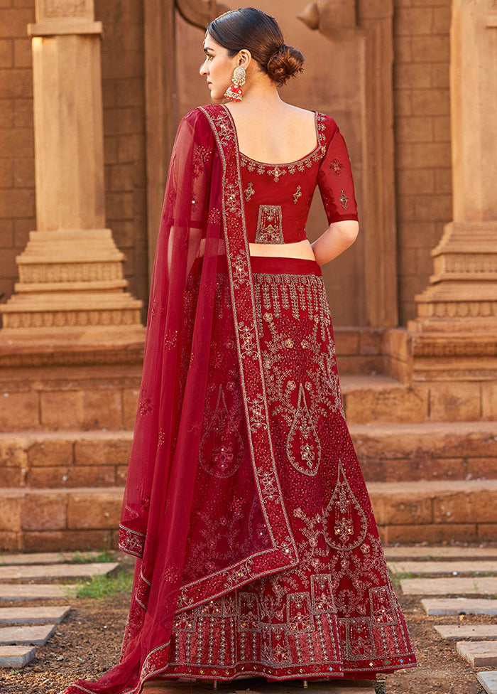 Red Semi Stitched Net Lehenga Choli Set With Dupatta