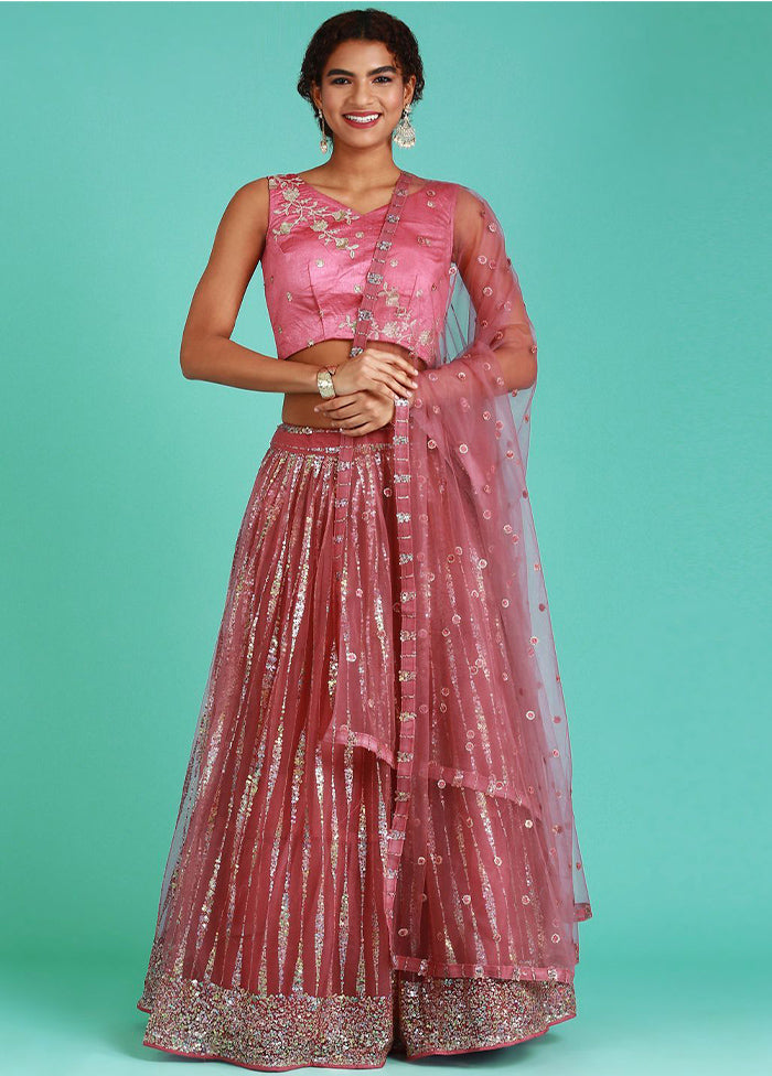 Pink Semi Stitched Net Lehenga Choli Set With Dupatta