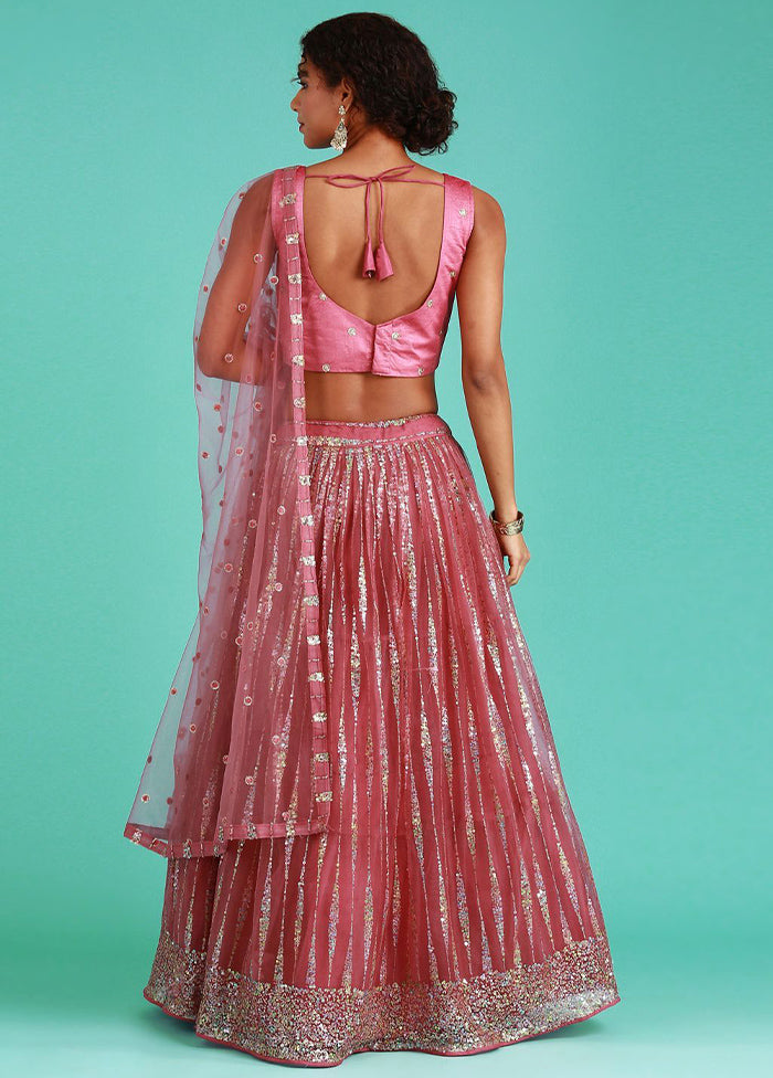 Pink Semi Stitched Net Lehenga Choli Set With Dupatta