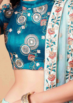 Sky Blue Semi Stitched Net Embroidered Lehenga Choli Set With Dupatta