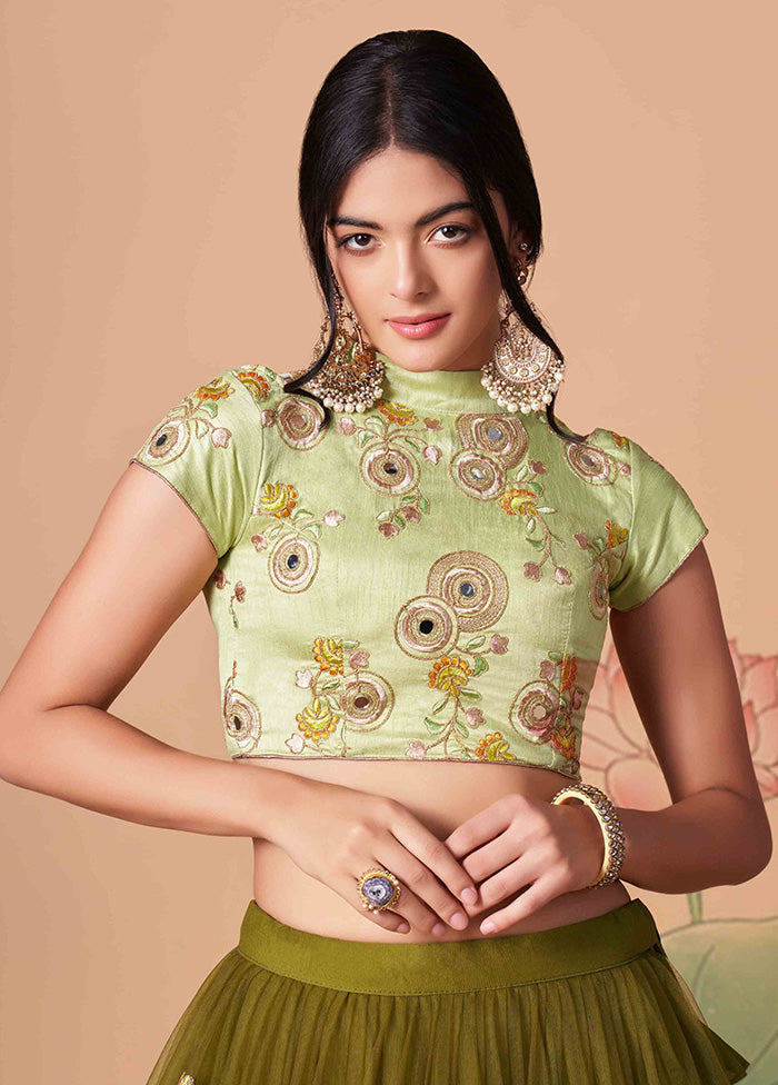 Green Semi Stitched Net Embroidered Lehenga Choli Set With Dupatta