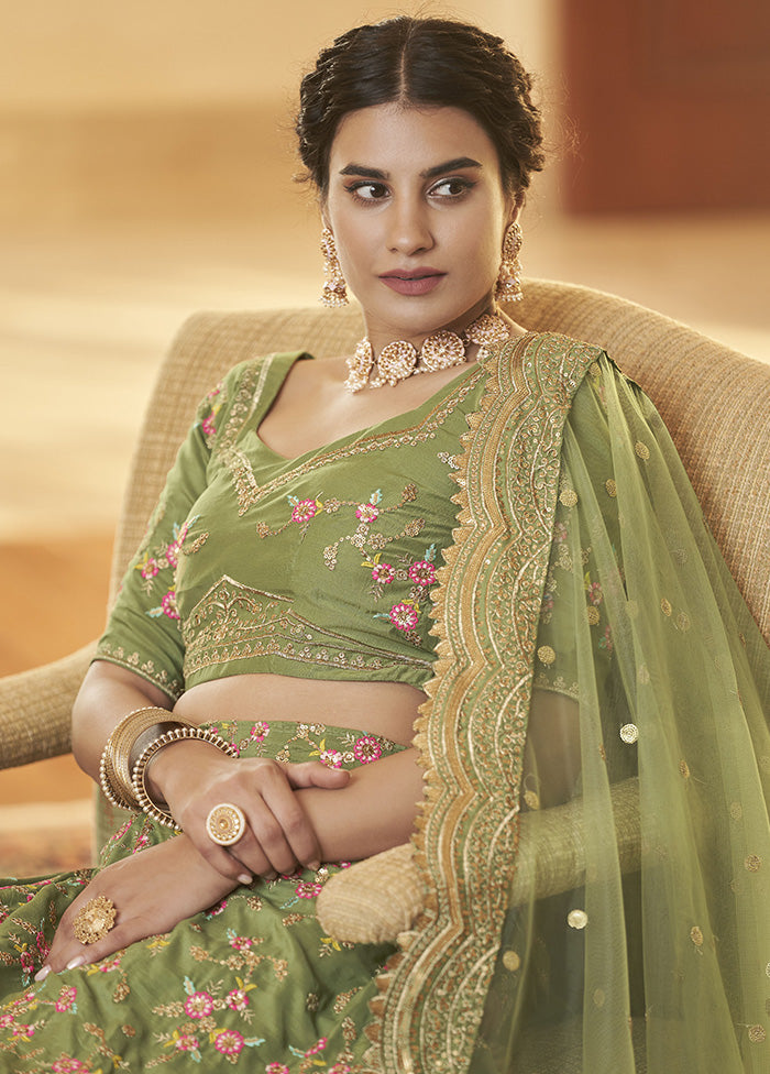Green Semi Stitched Silk Lehenga Choli Set