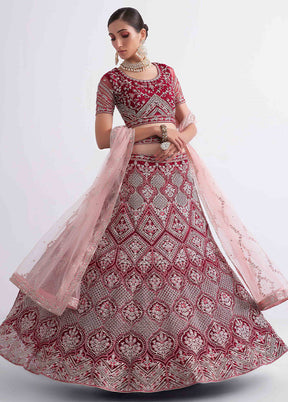 Red Semi Stitched Net Lehenga Choli Set With Dupatta