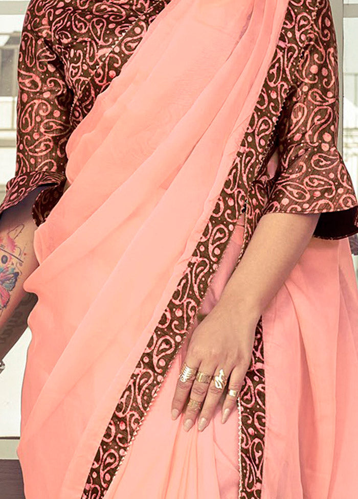 Peach Spun Silk Saree With Blouse Piece