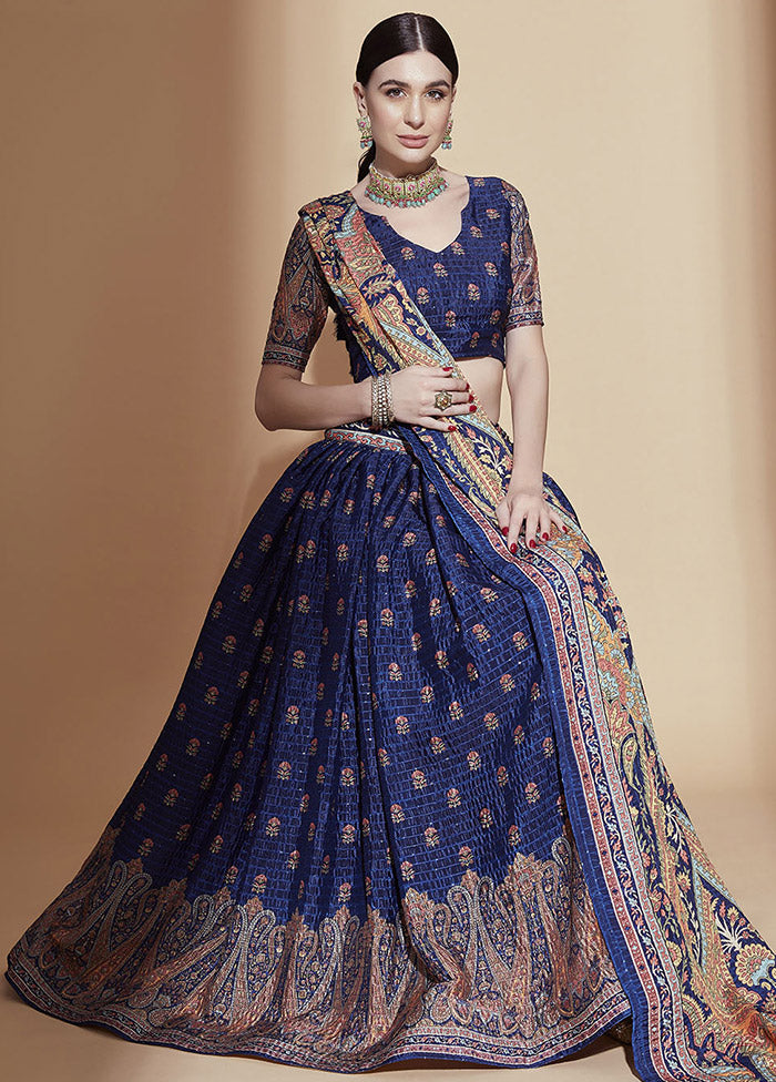 Blue Semi Stitched Blended Silk Lehenga Choli Set With Dupatta