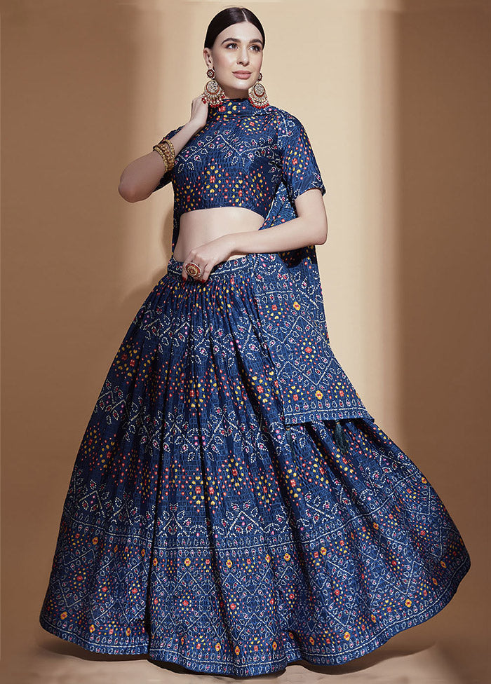 Blue Semi Stitched Blended Silk Lehenga Choli Set With Dupatta