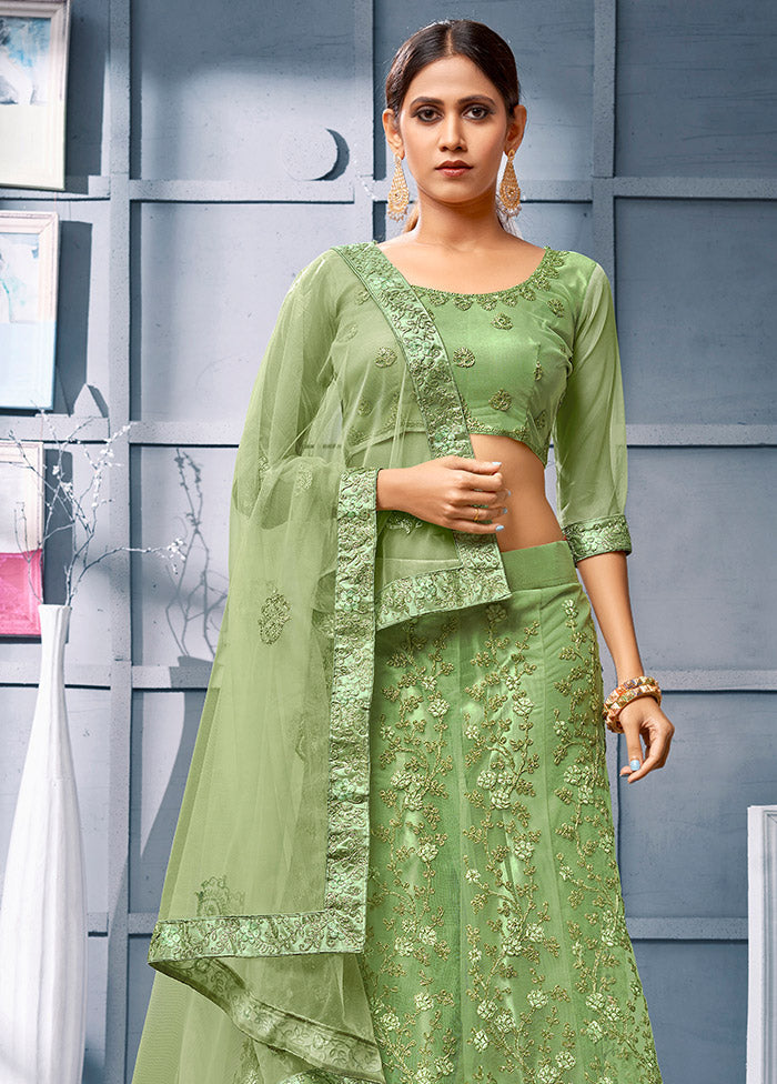 Light Green Semi Stitched Net Lehenga Choli Set With Dupatta