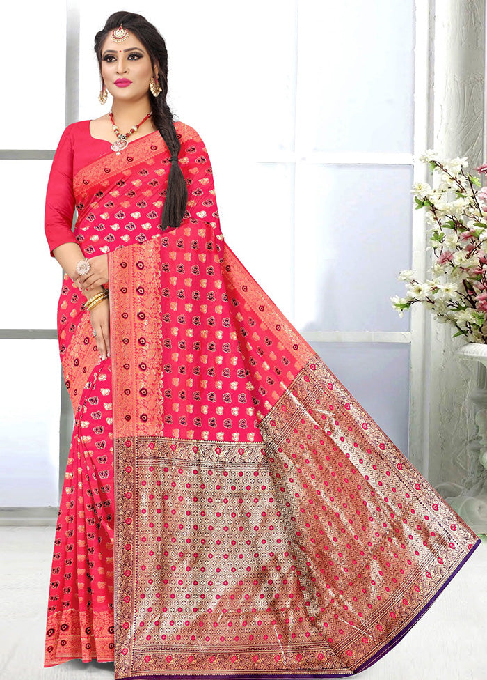 Pink Spun Silk Zari Woven Saree With Blouse Piece