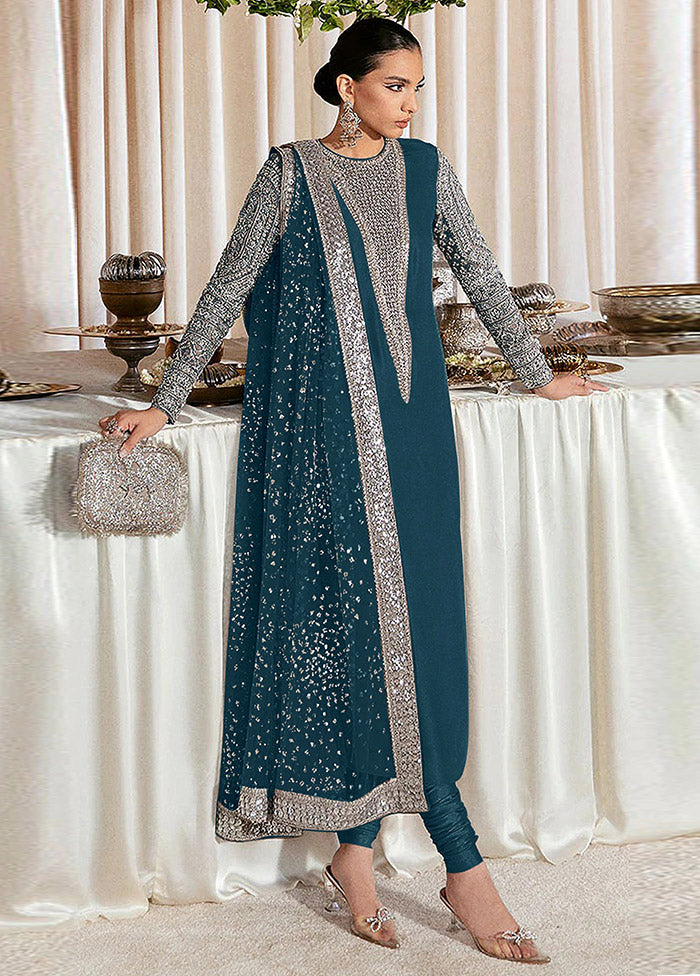 3 Pc Teal Semi Stitched Georgette Suit Set VDKSH31052102 - Indian Silk House Agencies