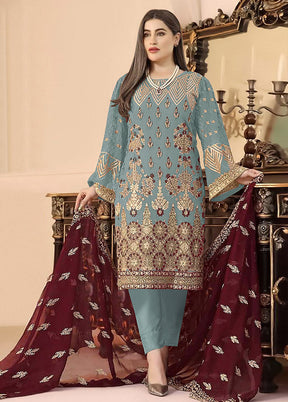 3 Pc Blue Semi Stitched Georgette Suit Set VDKSH02062092 - Indian Silk House Agencies