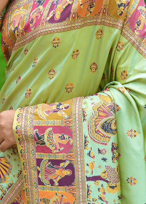 Pista Green Spun Silk Saree With Blouse Piece