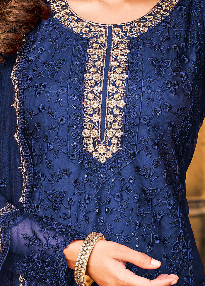 3 Pc Blue Semi Stitched Net Suit Set VDKSH11072078 - Indian Silk House Agencies