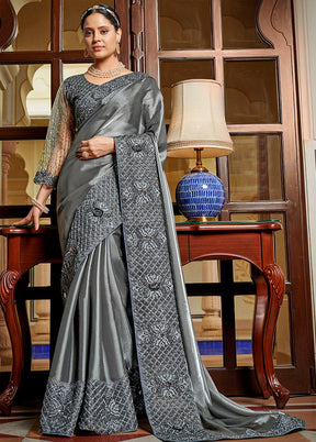 Dark Grey Chiffon Silk Saree With Blouse Piece