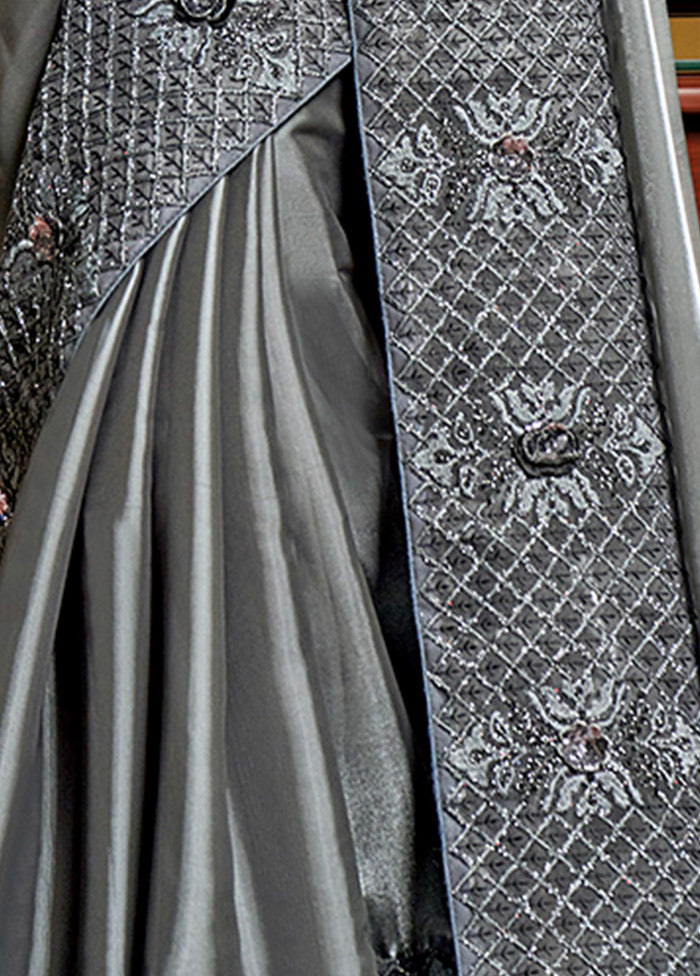 Dark Grey Chiffon Silk Saree With Blouse Piece