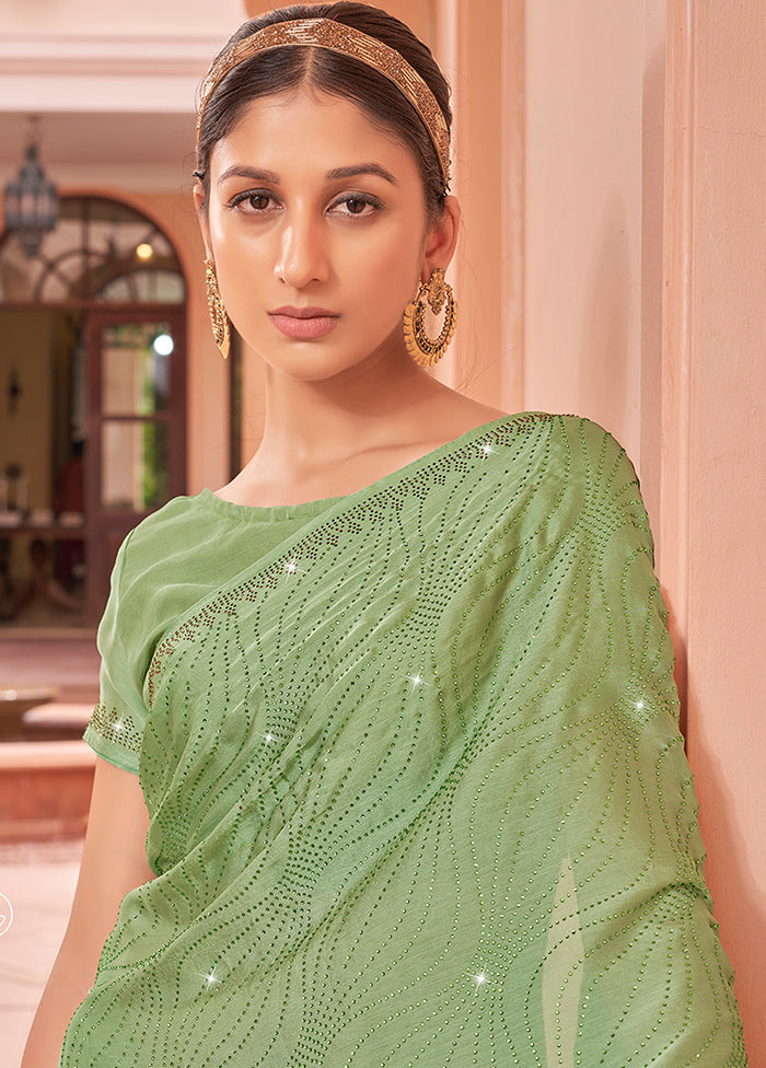 Pista Green Chiffon Silk Saree With Blouse Piece