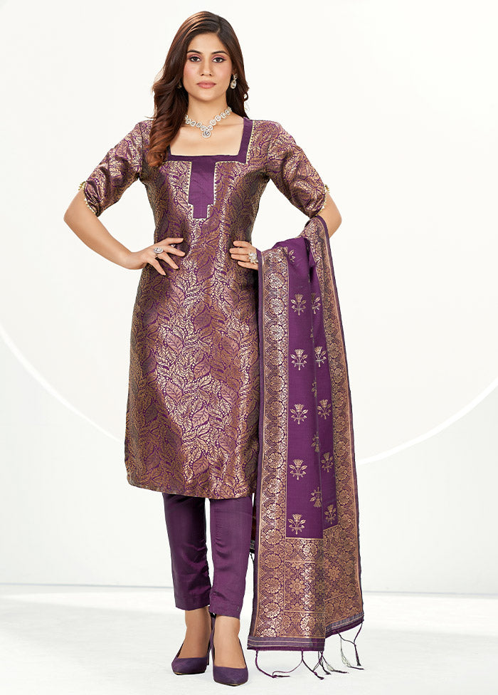 3 Pc Purple Unstitched Silk Suit Set