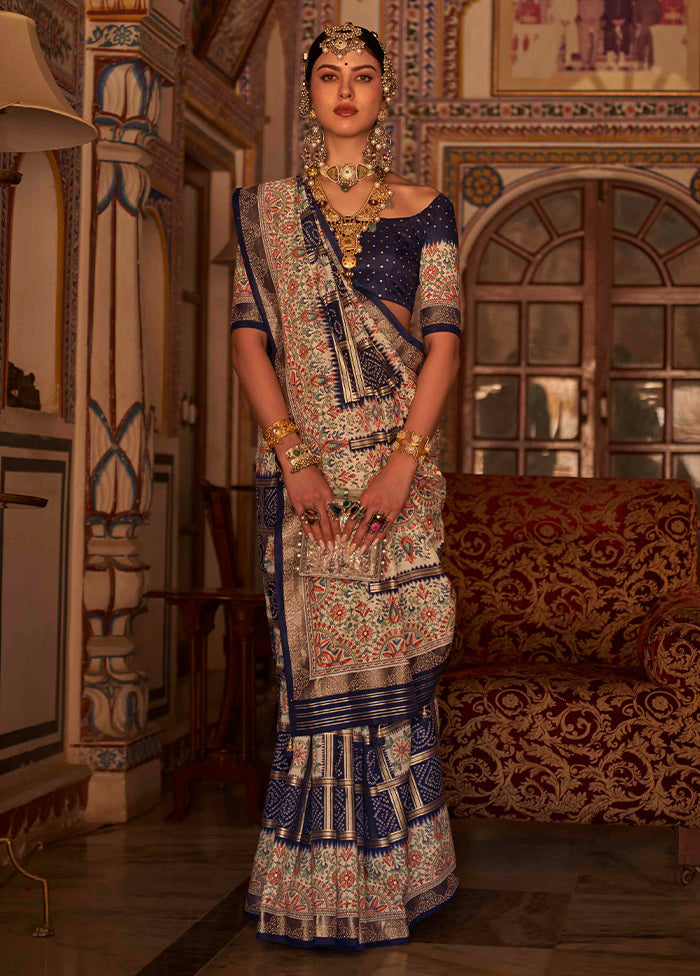 Blue Dupion Silk Saree With Semi Stitched Blouse Piece