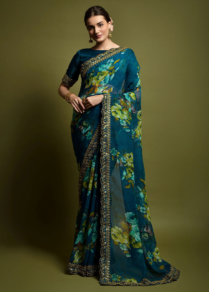 Teal Georgette Saree With Blouse Piece