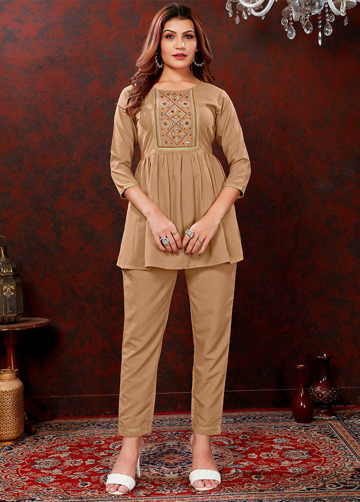 2 Pc Beige Readymade Cotton Coord Set