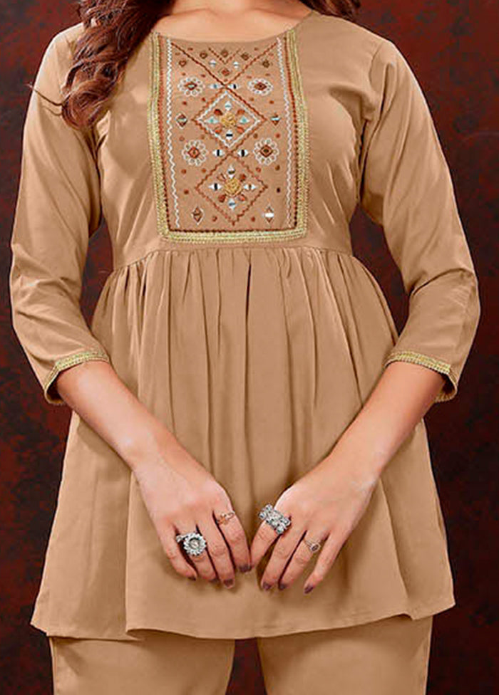 2 Pc Beige Readymade Cotton Coord Set