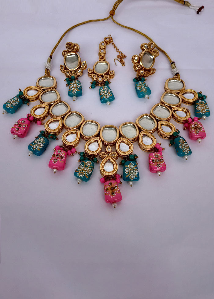 Pink And Blue Kundan Jewellery Set With Mangtika