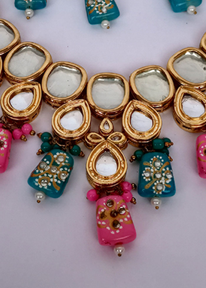 Pink And Blue Kundan Jewellery Set With Mangtika