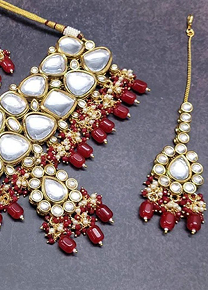 Red Kundan Polki Jewellery Set With Mangtika