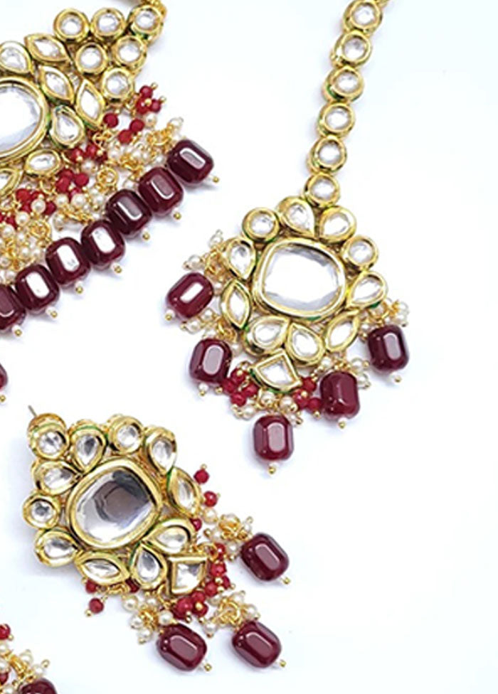 Maroon Kundan Polki Choker Set With Mangtika