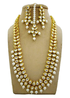 White Kundan Long Necklace Set With Mangtika