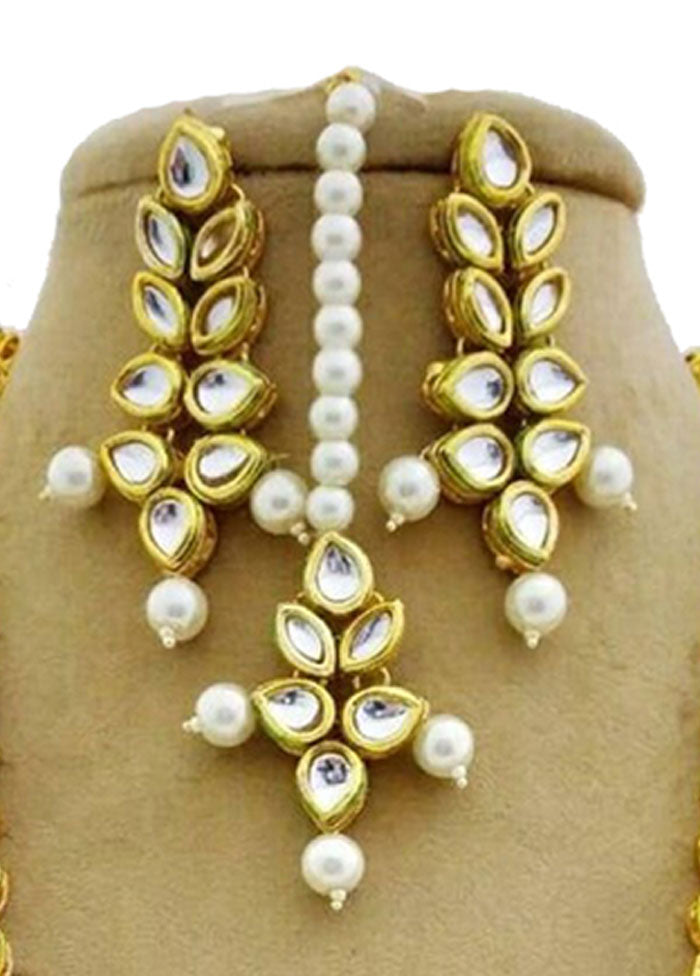 White Kundan Long Necklace Set With Mangtika