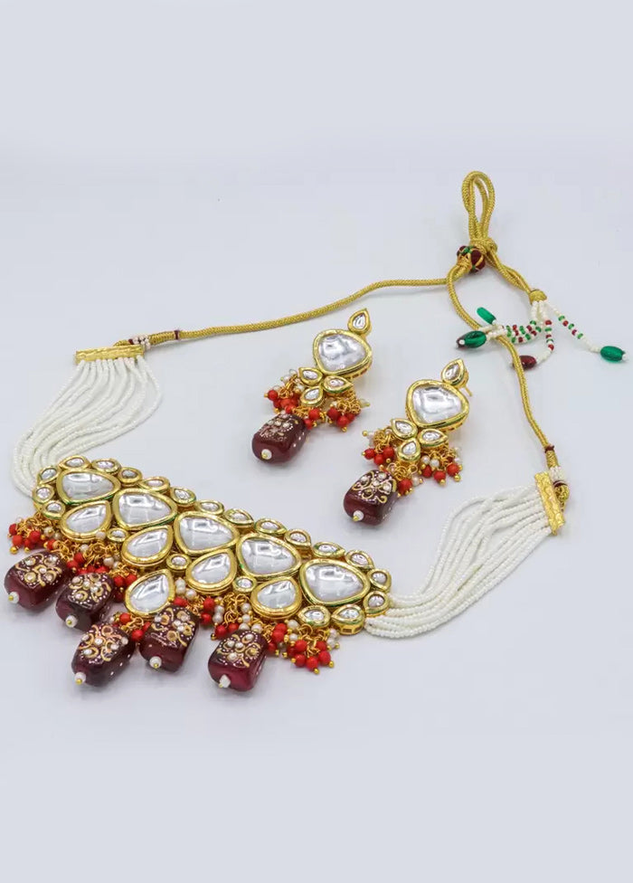 Wine Beaded Kundan Choker Set