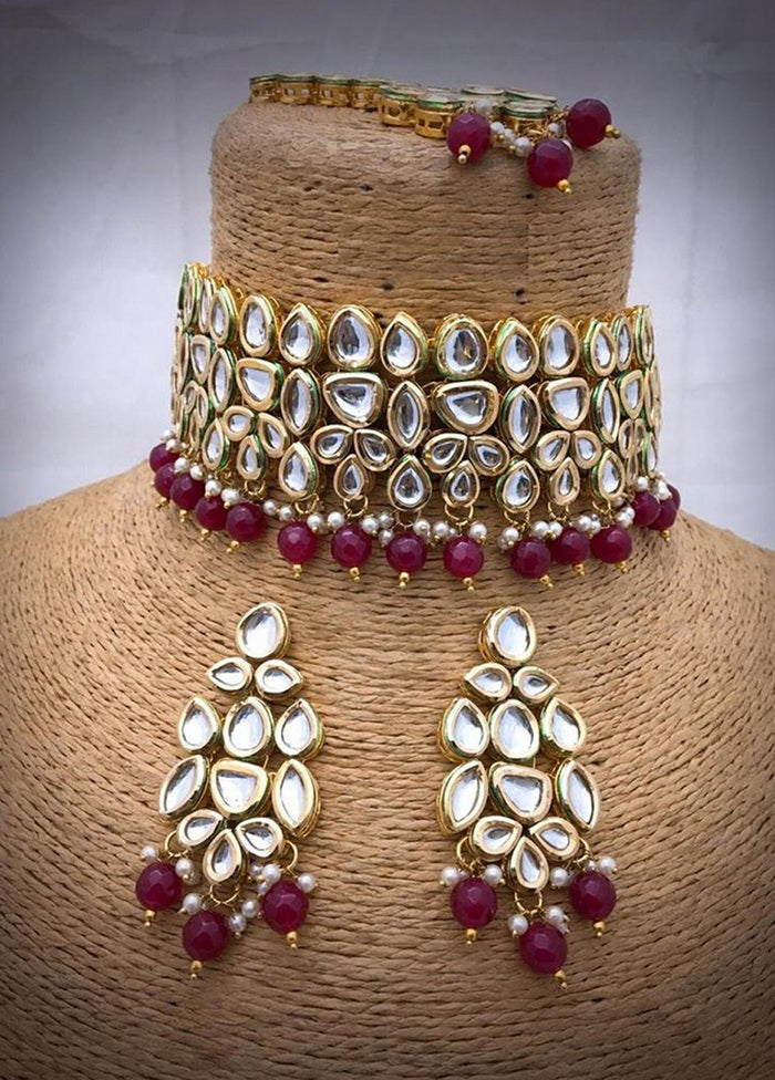 Hand Crafted Base Metal Alloy Gold Plated Kundan Stone Studded Jewellery Sets