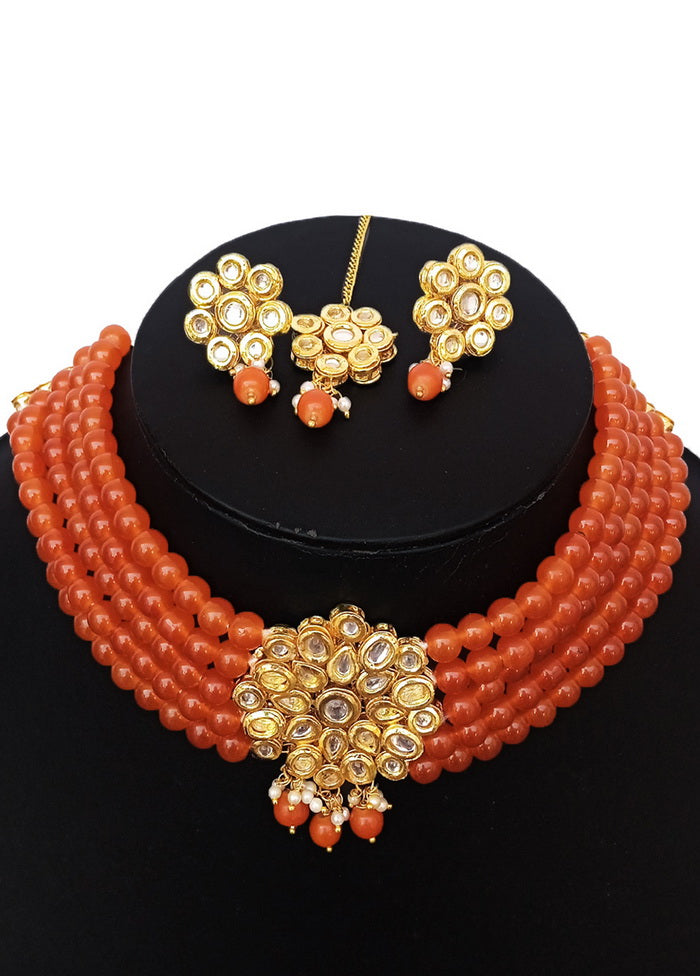 Orange Kundan Work Alloy Choker Set