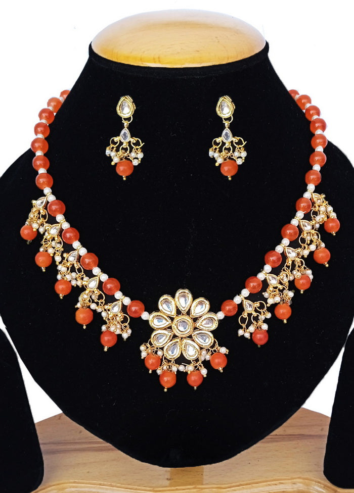 Orange Kundan Work Alloy Necklace Set