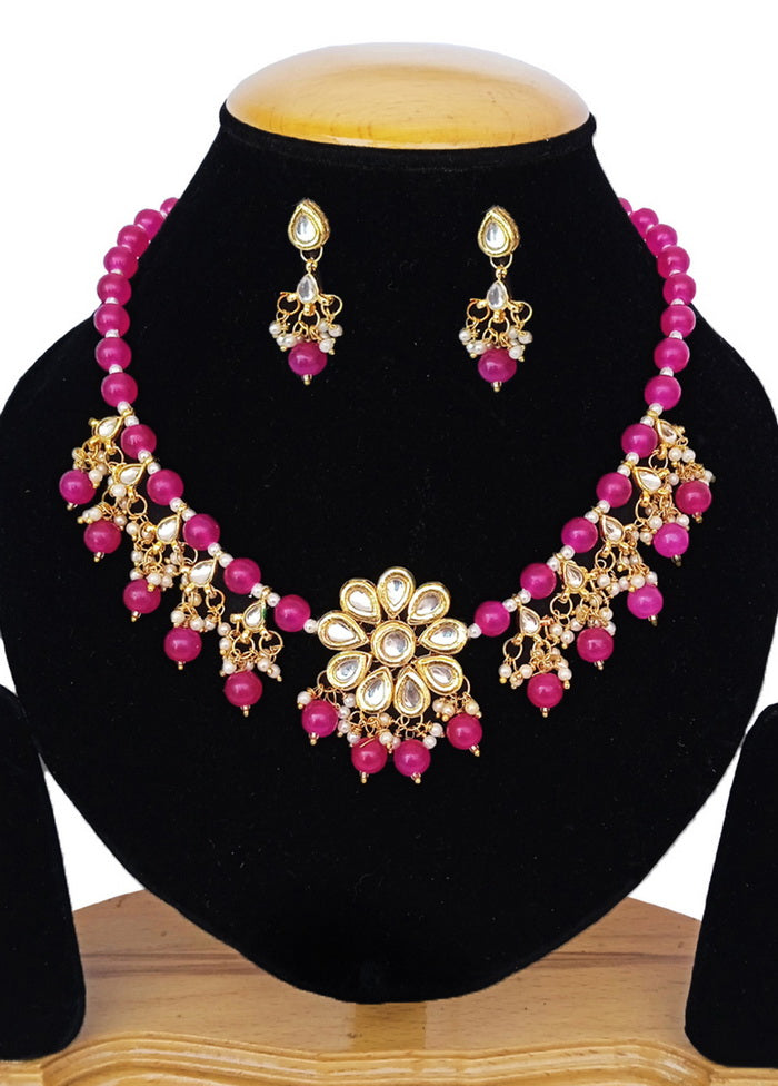 Pink Kundan Work Alloy Necklace Set