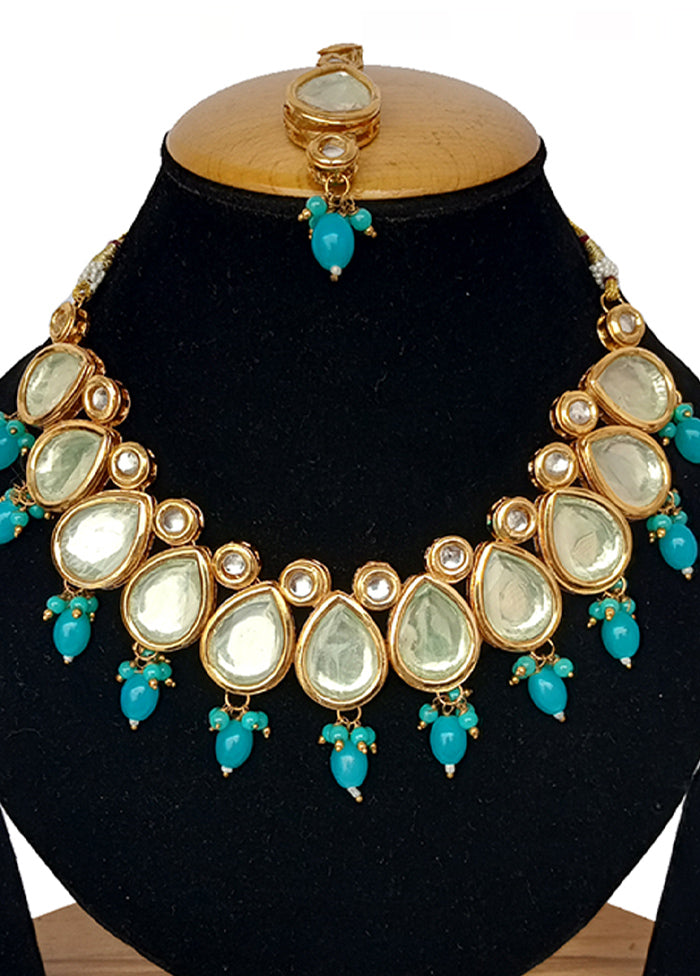 Blue Kundan Jewellery Set With Mangtika
