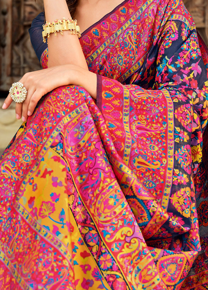 Navy Blue Spun Silk Saree With Blouse Piece