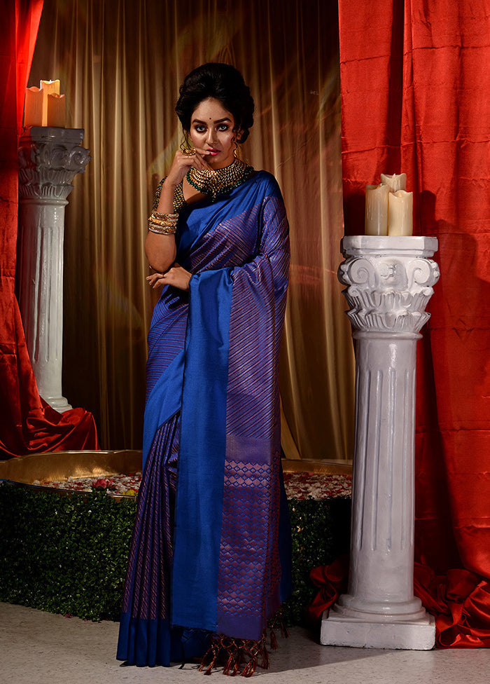 Blue Dupion Silk Saree With Blouse Piece