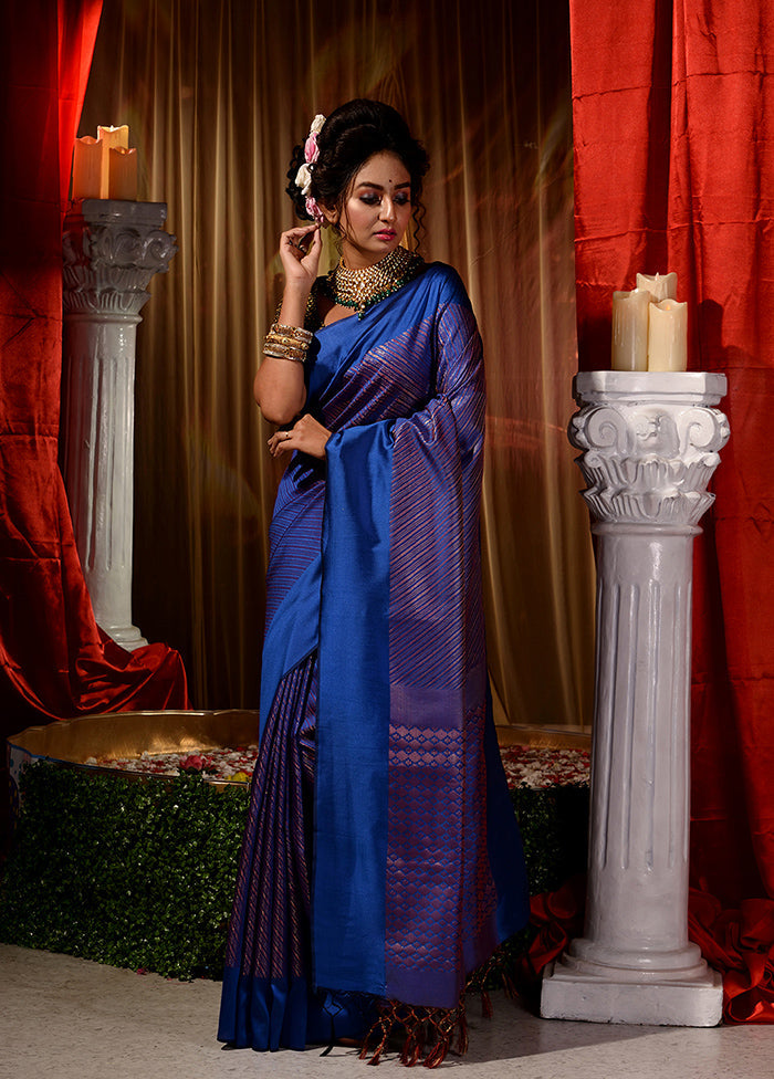 Blue Dupion Silk Saree With Blouse Piece