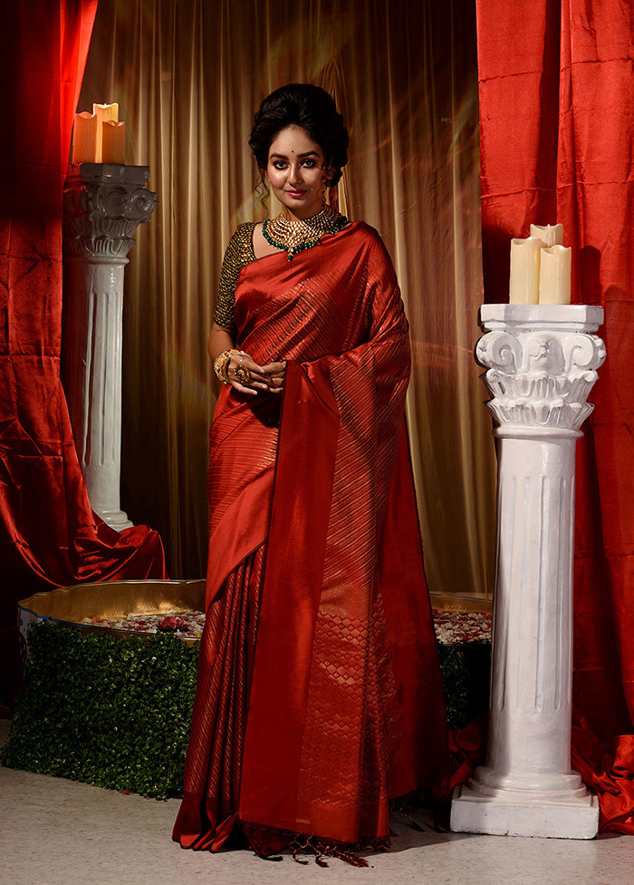 Red Dupion Silk Saree With Blouse Piece