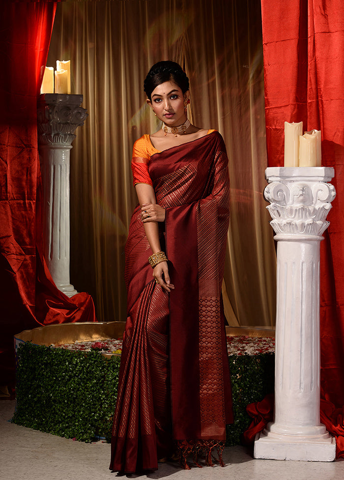 Maroon Dupion Silk Saree With Blouse Piece