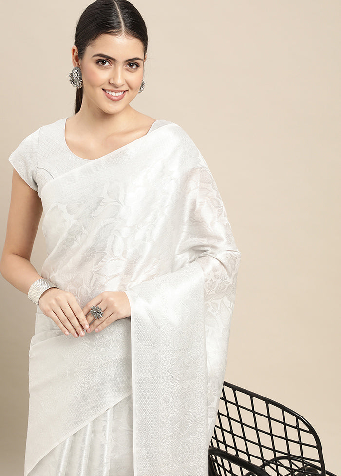 White Dupion Silk Saree With Blouse Piece