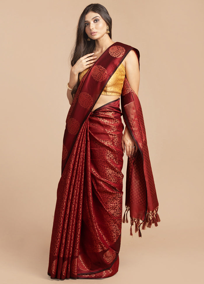 Maroon Dupion Silk Saree With Blouse Piece