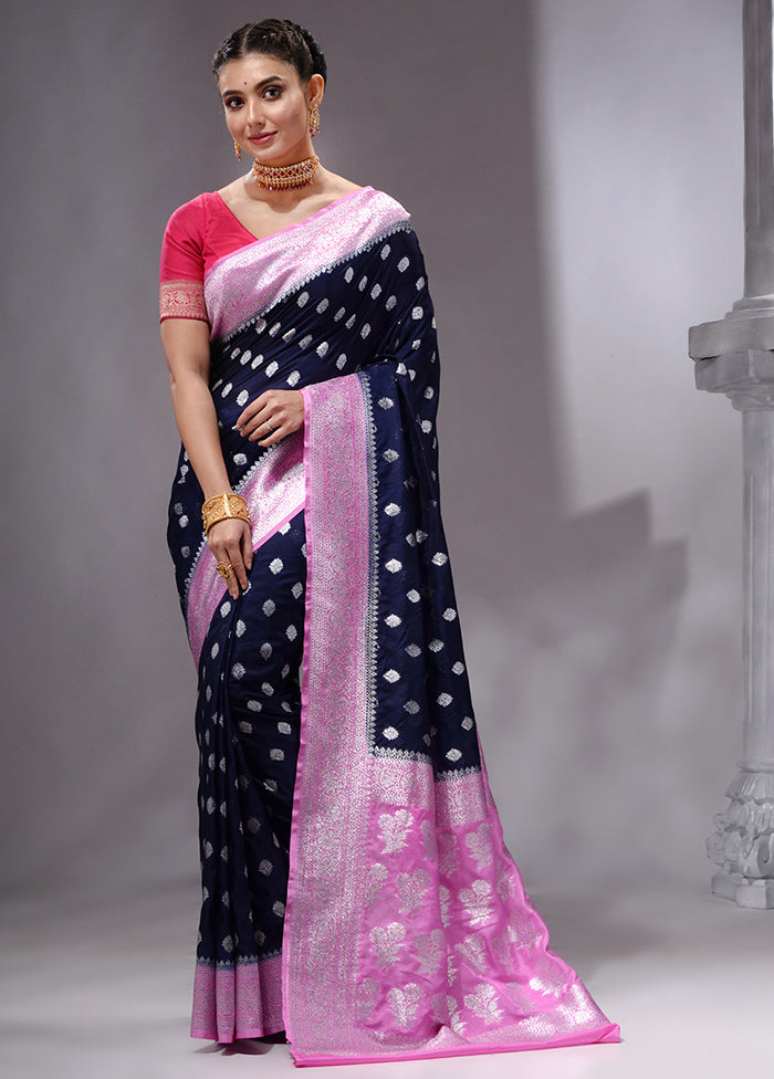 Navy Blue Spun Silk Saree With Blouse Piece