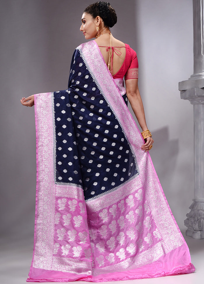 Navy Blue Spun Silk Saree With Blouse Piece