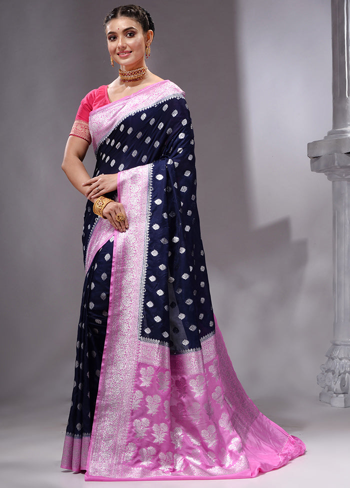 Navy Blue Spun Silk Saree With Blouse Piece