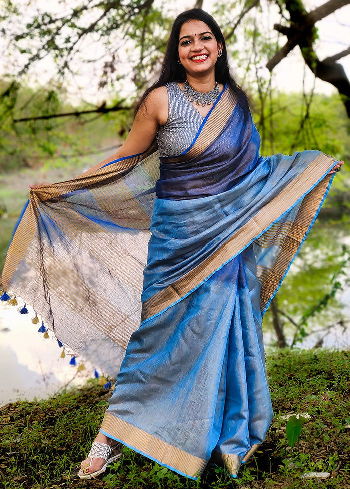 Blue Linen Silk Saree With Blouse Piece