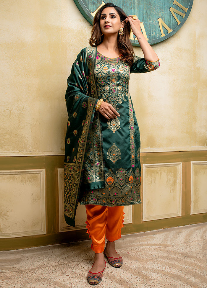 3 Pc Green Unstitched Silk Suit Set With Dupatta