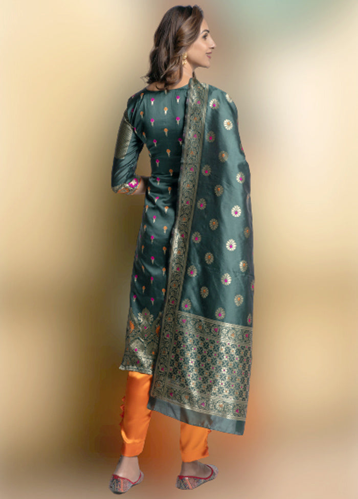 3 Pc Green Unstitched Silk Suit Set With Dupatta